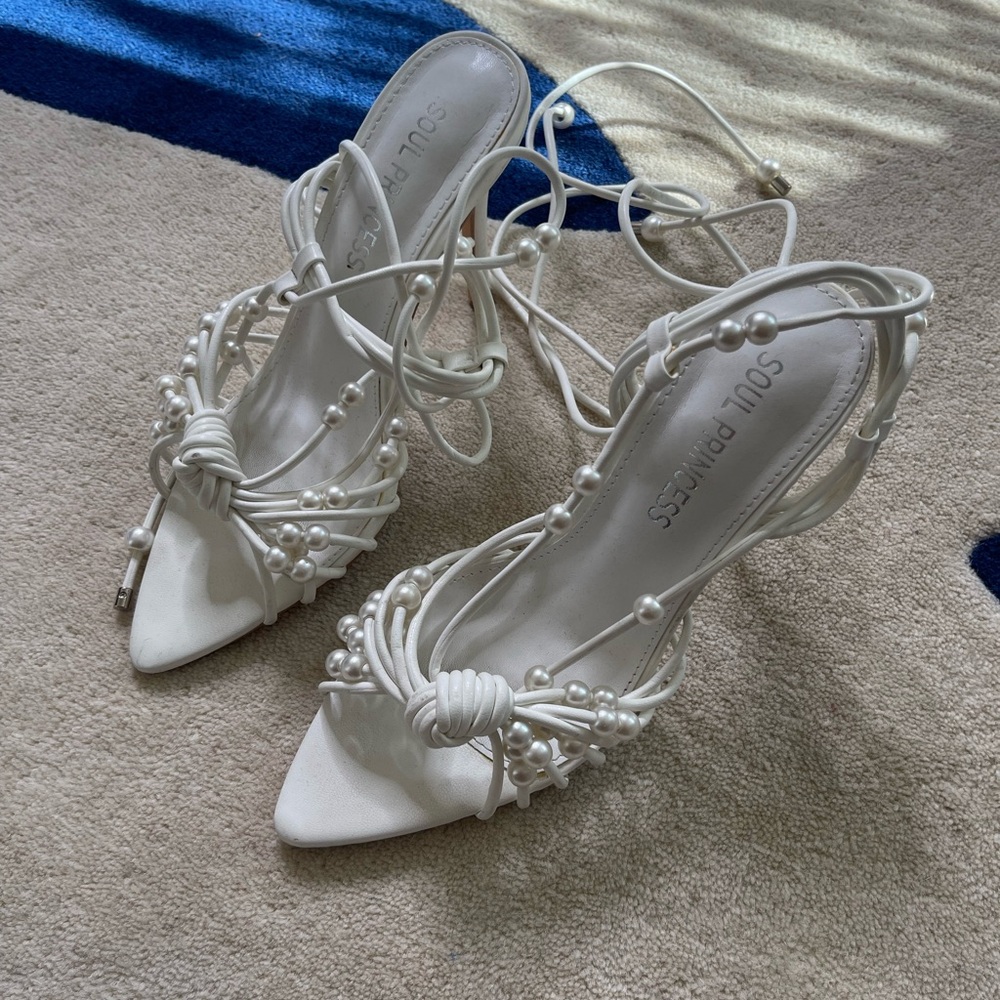Women's White Pearl Strappy Heels